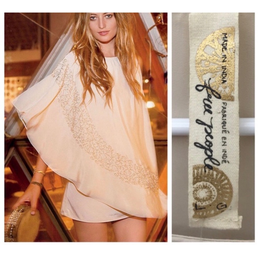 Free People Brighten Your Day Mini Dress Beige Sheer Cocktail Festival M Beaded
